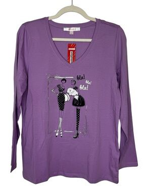 Women’s Purple Graphic V-Neck Top Sleep Lounge Tee with Fashion Illustration